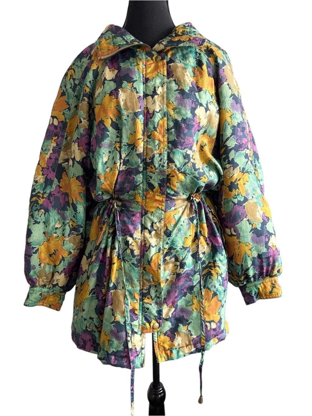 Vintage 100% Silk Rare Floral Utility Anorak Jacket in Green, Yellow & Purple